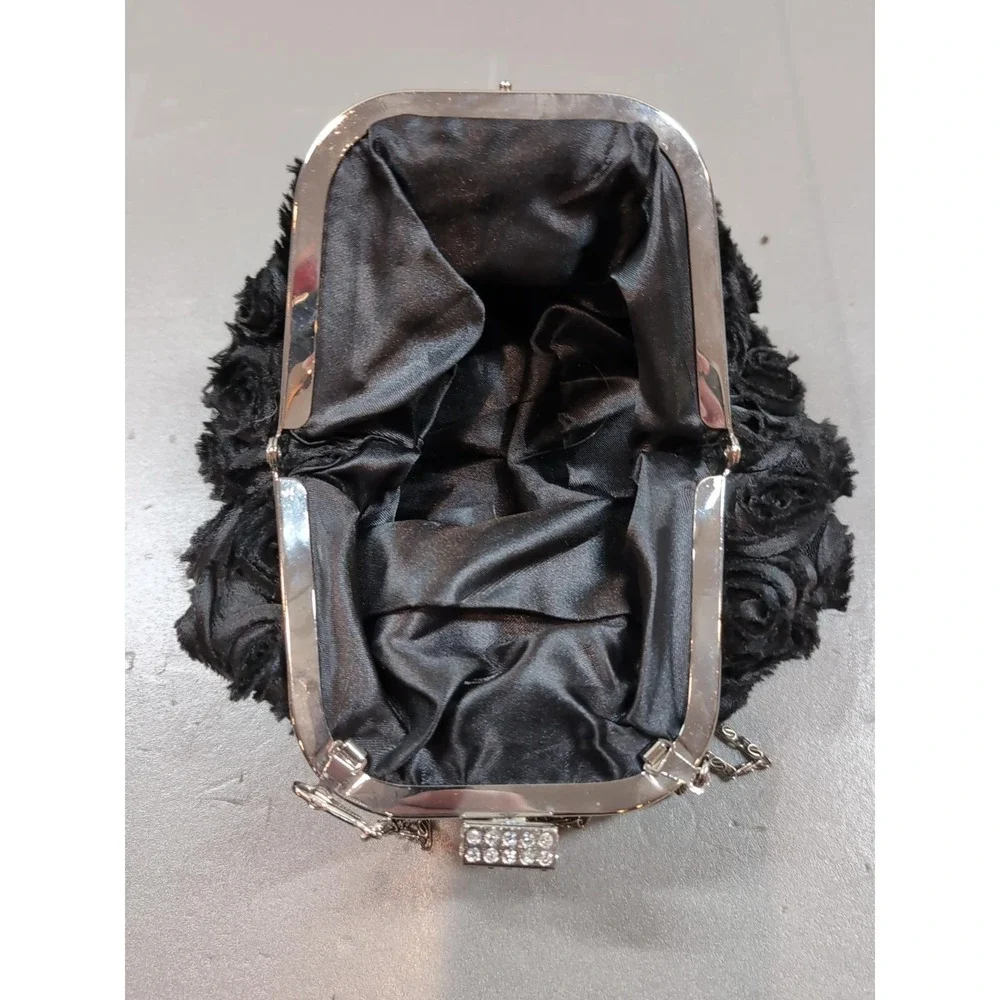 Black Rosette Evening Clutch Purse Floral Rhinestone Wedding Prom Formal Bag